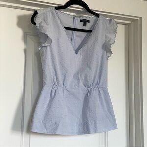 J.CREW Light Blue Clip Dot Ruffle Sleeve V-Neck Scalloped Trim Blouse Size 2